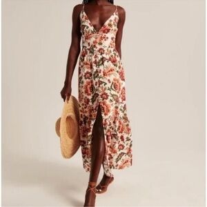 Abercrombie & Fitch Linen Blend Floral Button Front Maxi Dress XS Summer Boho